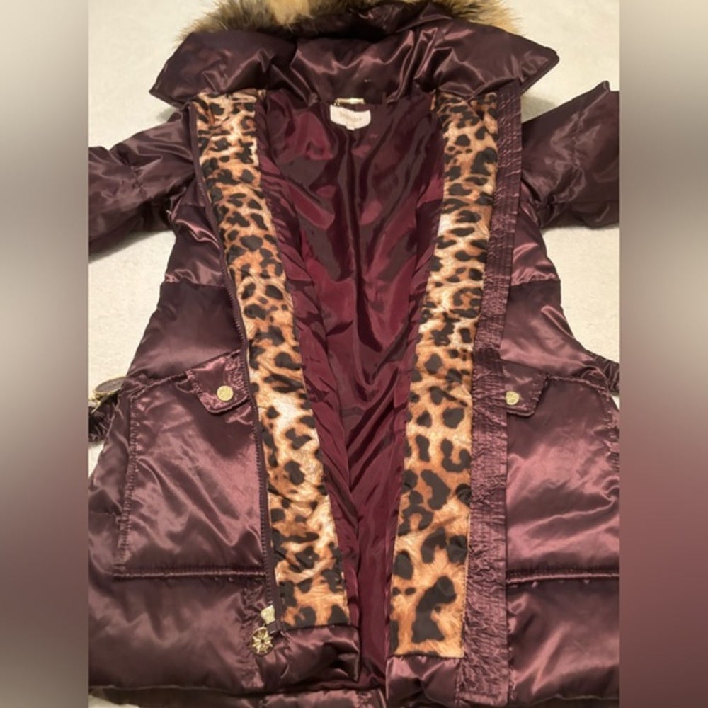 Laundry By Shelli Segal Faux Fur Trim Detachable Hood Puffer Coat Burgundy Large